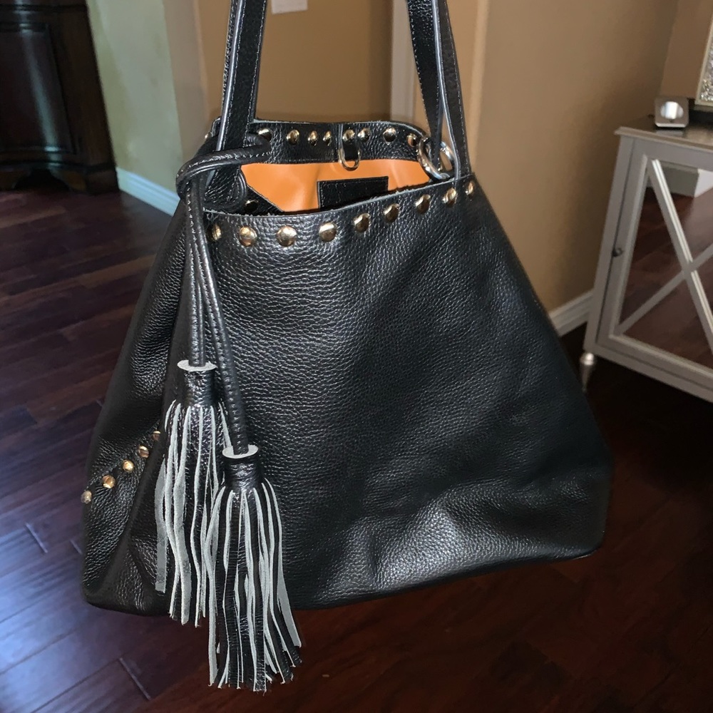 Laggo Remy black leather gold studded tote
